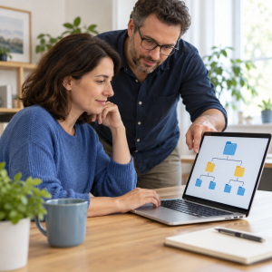 Une formatrice accompagne une apprenante dans l’organisation de ses dossiers sur ordinateur.