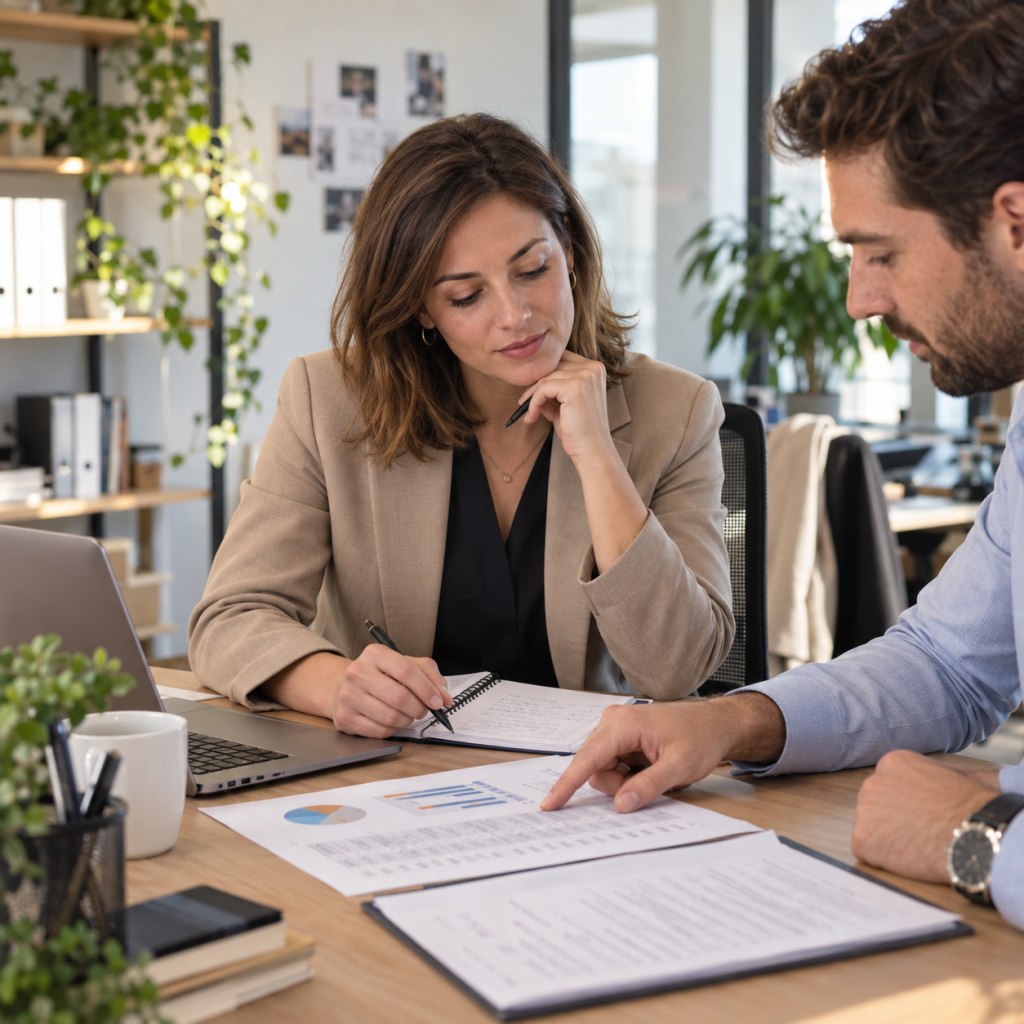 Une assistante RH analyse des données de rémunération et d’évolution professionnelle avec un collègue