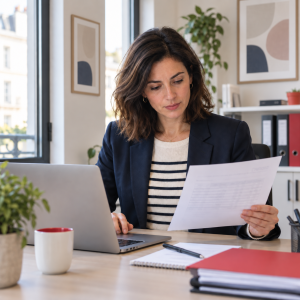 Gestionnaire de paie examinant des documents de rémunération et d’évolution professionnelle