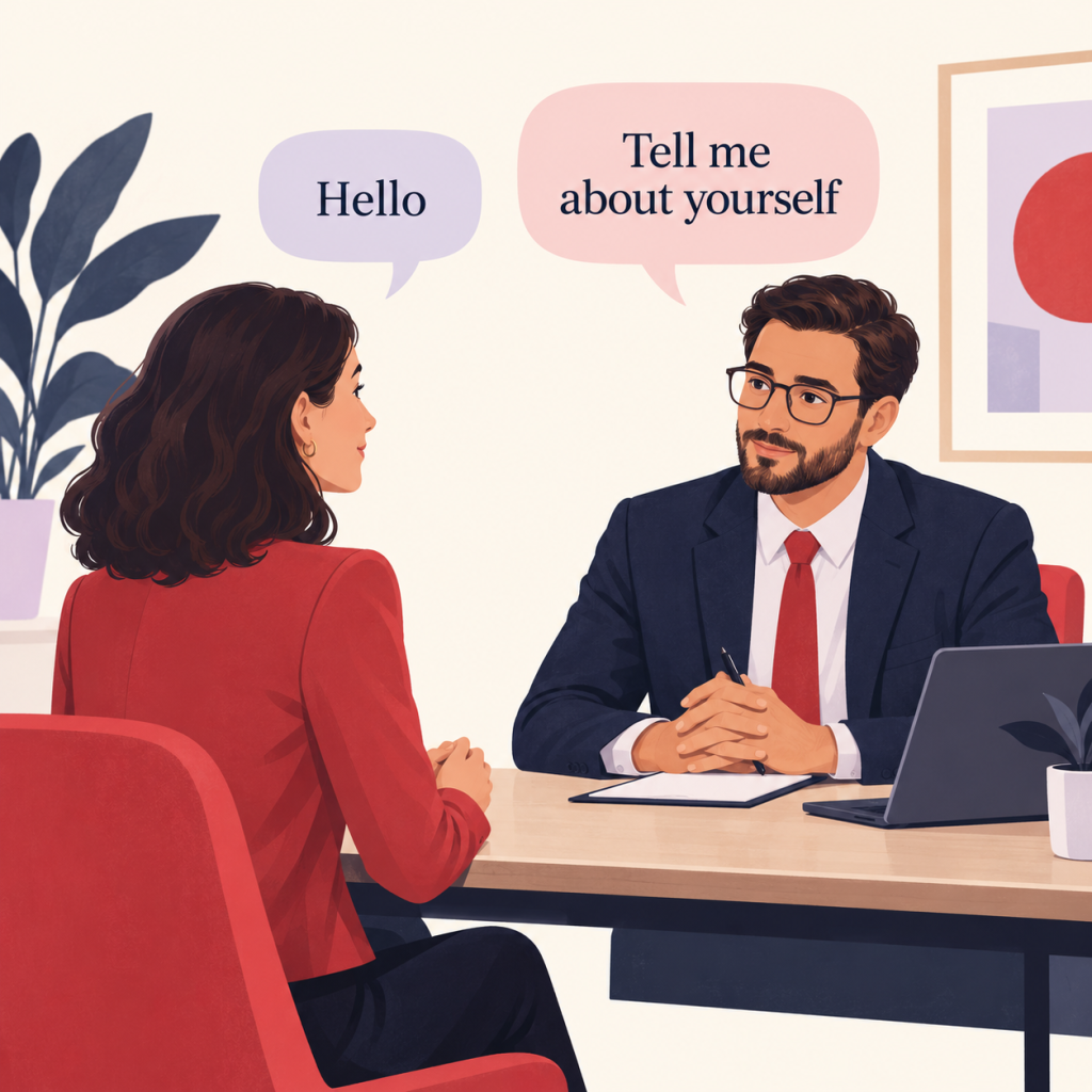 Illustration d’un entretien d’embauche en anglais entre une candidate et un recruteur.