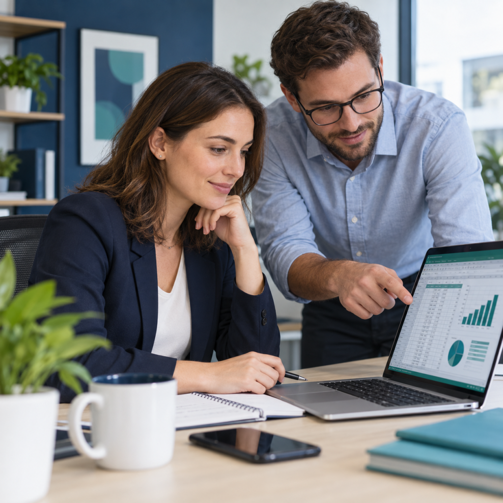 Deux professionnels analysent un tableau Excel et des graphiques sur un ordinateur portable.