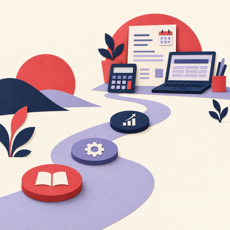 Parcours de reconversion vers la paie : apprentissage, compétences et poste de travail avec bulletin et calculatrice.