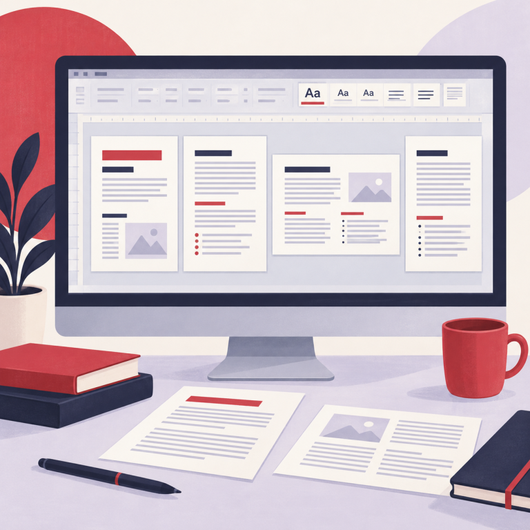 Illustration de documents Word structurés avec styles, modèles et sections portrait et paysage.